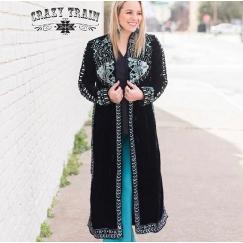 Crazy Train Womens Black Velvet Beaded Southwestern Duster Jacket Kimono Large